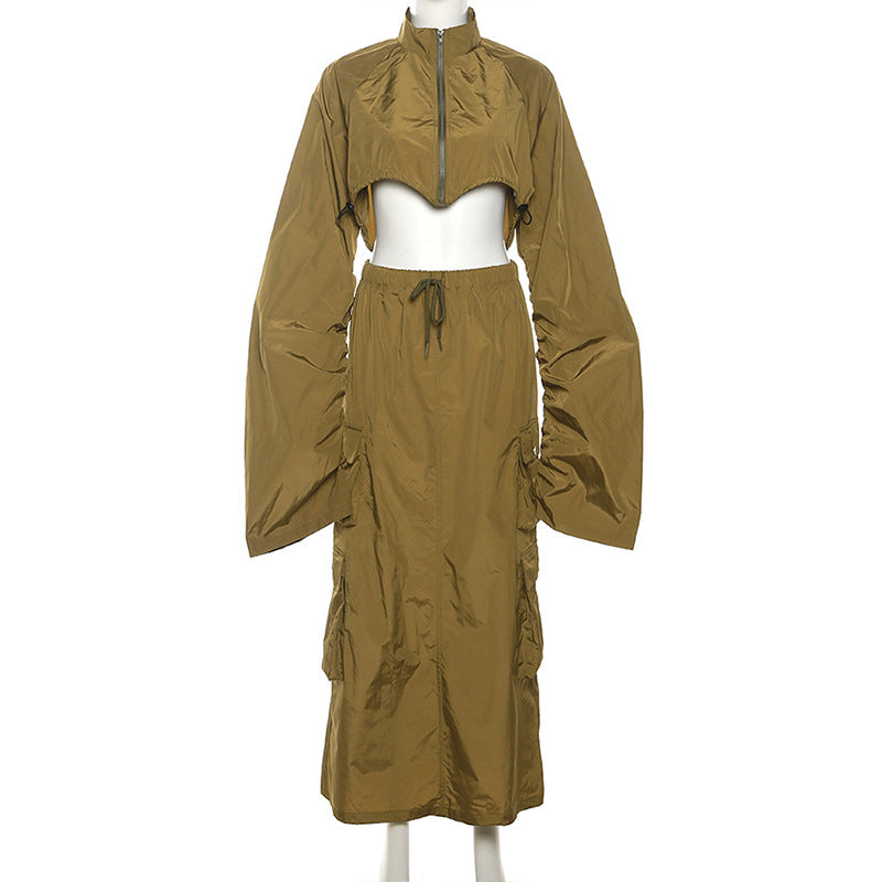 Autumn Women's Clothing Zipper Slim Long Sleeve Crop Jacket Cargo Skirt Two Piece Set 9