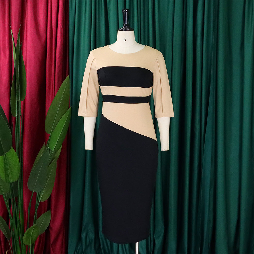 Women Africa Plus Size 3/4 Sleeve Color Block Bodycon Dress 16