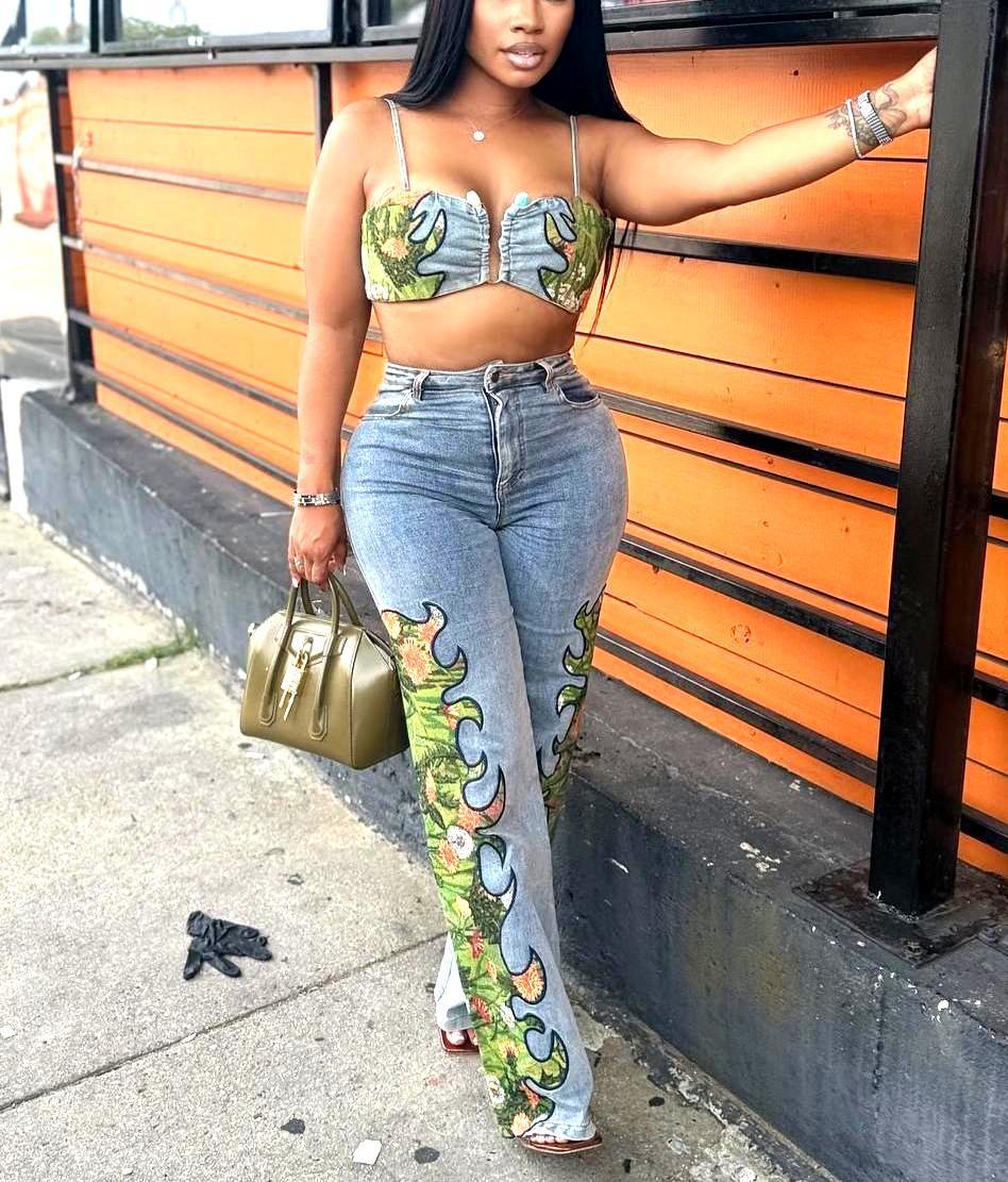 Women Sexy Floral Stretch Wrap Top and Denim Pants Two-Piece Set 6