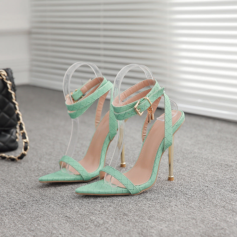 Women Pointed Toe Metal Lock Stiletto Sandals 11