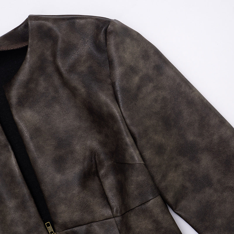 Women Autumn/Winter Pu-Leather Half-Open Collar Zippered Rivet Waist Crop Jacket 26