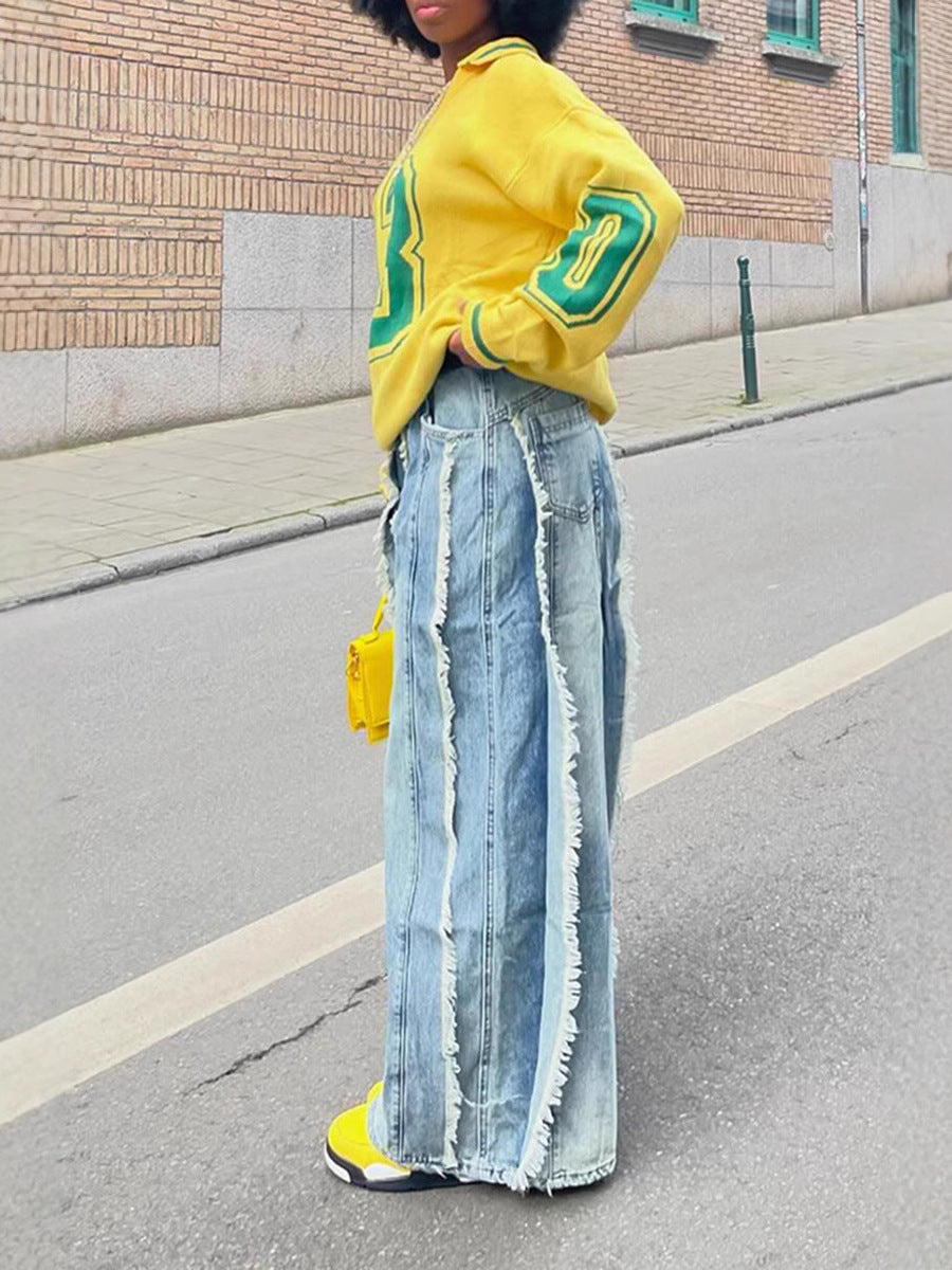 Women's Patchwork Fringe Raw Edge Denim Pants 3