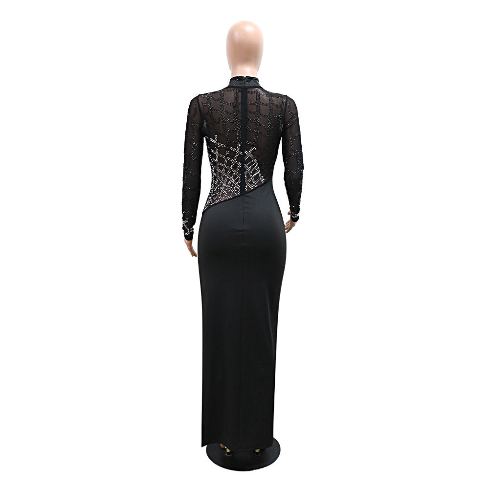Women High Neck Long Sleeve Beaded Slit Party Dress 12
