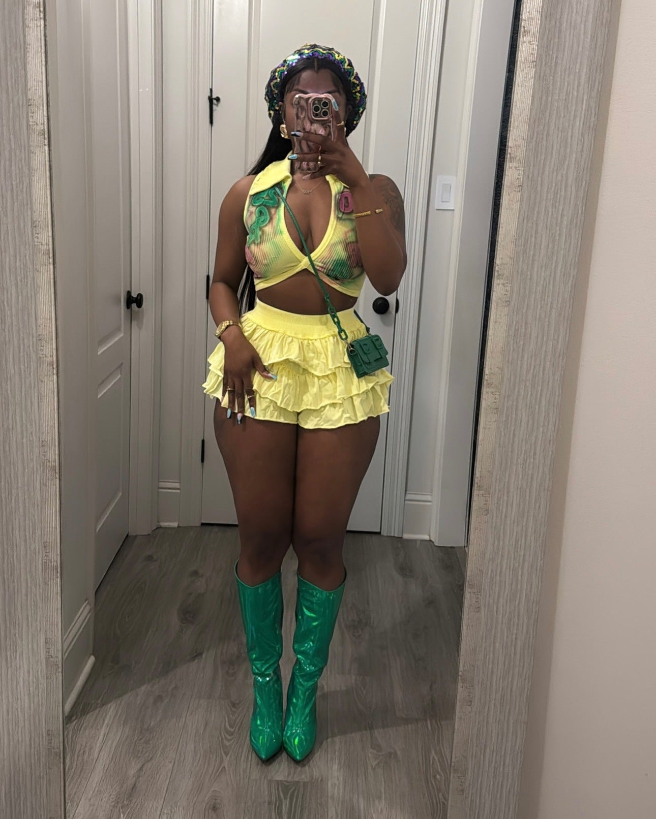 Printed Ruffle Elastic Waist Casual Shorts Set