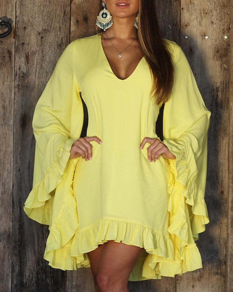 V-Neck Ruffle Bell-Bottom Sleeve Casual Dress