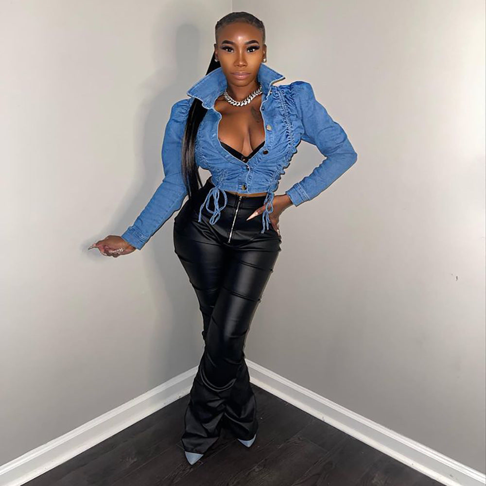 Women's Drawstring Single-Breasted Long Sleeve Denim Jacket Top 3