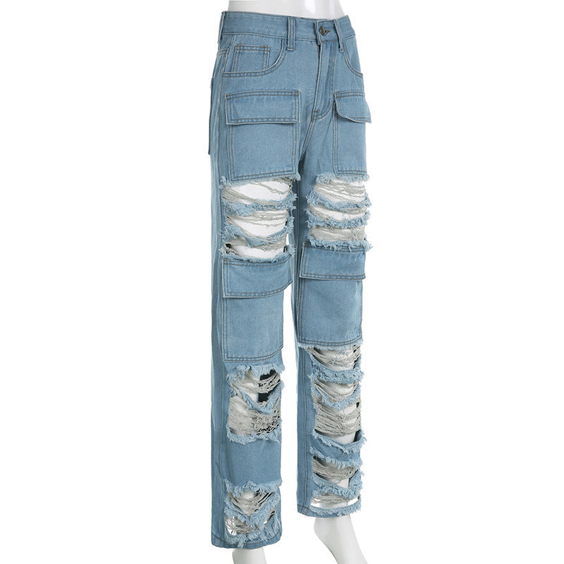 Street Ripped Pocket Patchwork Denim Straight-Leg Pants 7