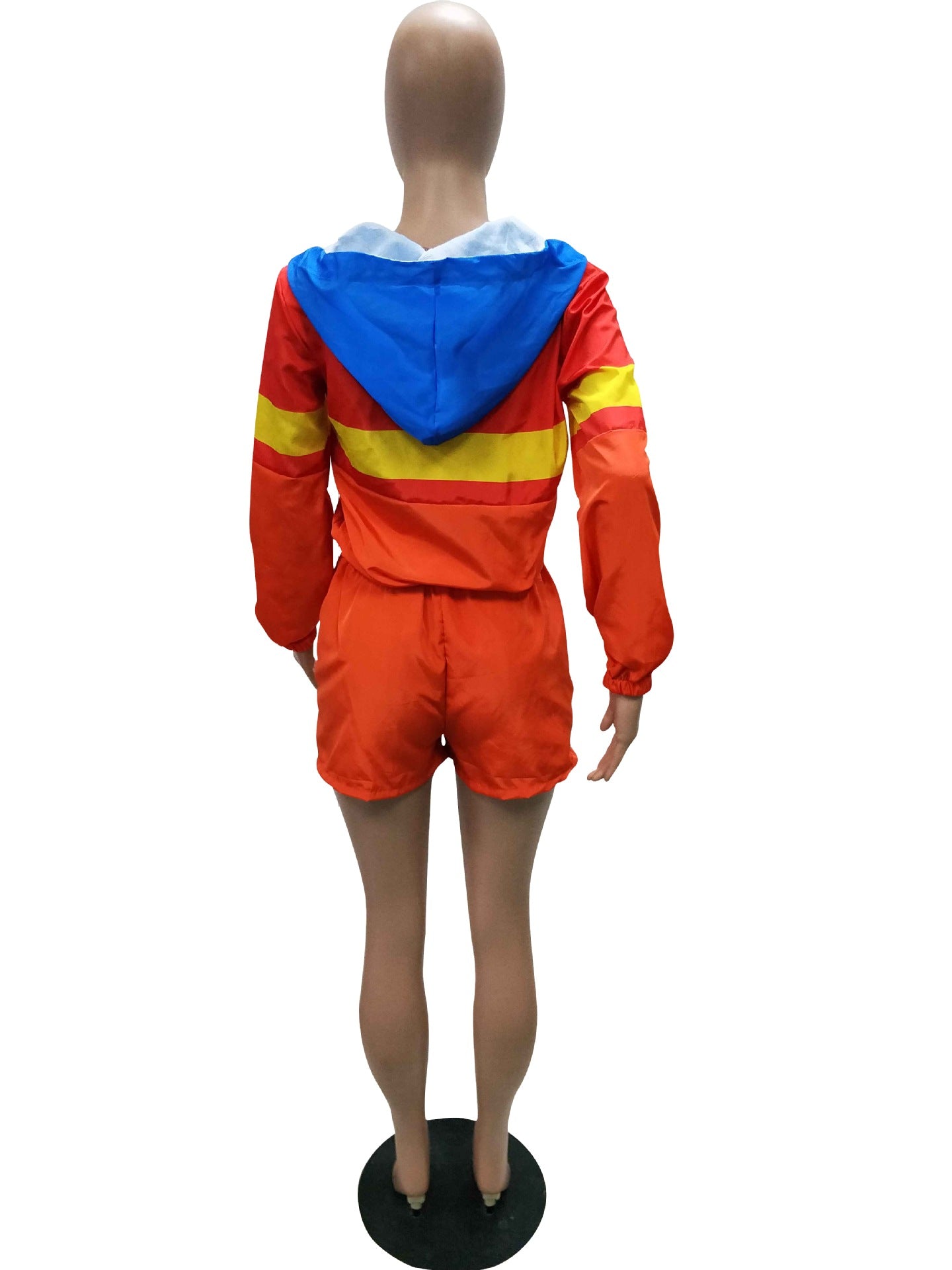 Women’s Casual Spring Color Block Patchwork Two-Piece Hooded Shorts Set 16