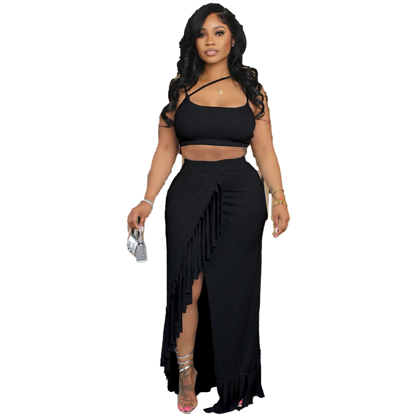Women's Fashion Trend Ribbed Solid Color Slit Tassel Long Skirt Tank Top Two Piece Set 6