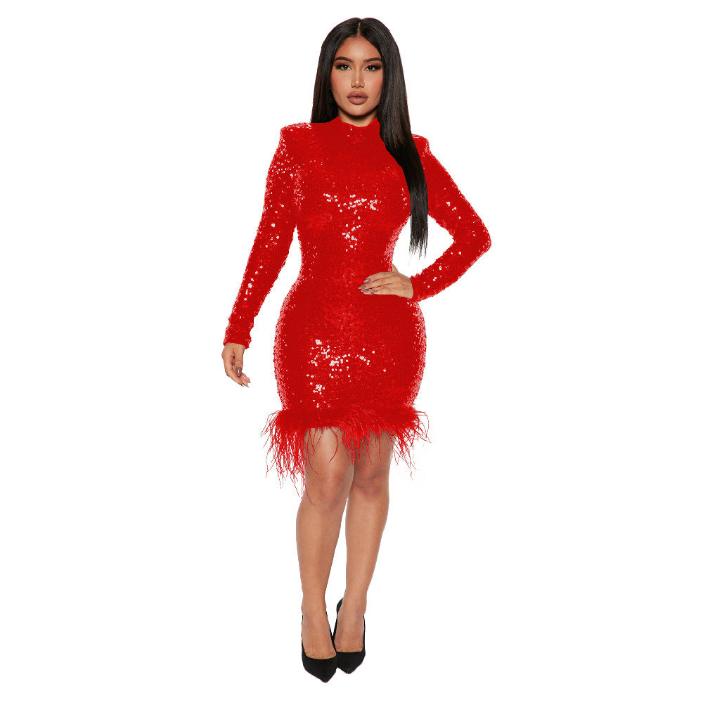 Fashion Bodycon Long Sleeve Round Neck Sequin Feather Party Dress 6