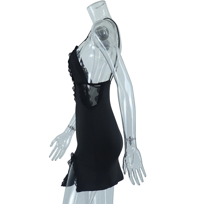 Women's suspenders hollowed out street hipster lace Patchwork slit Bodycon Dress 7