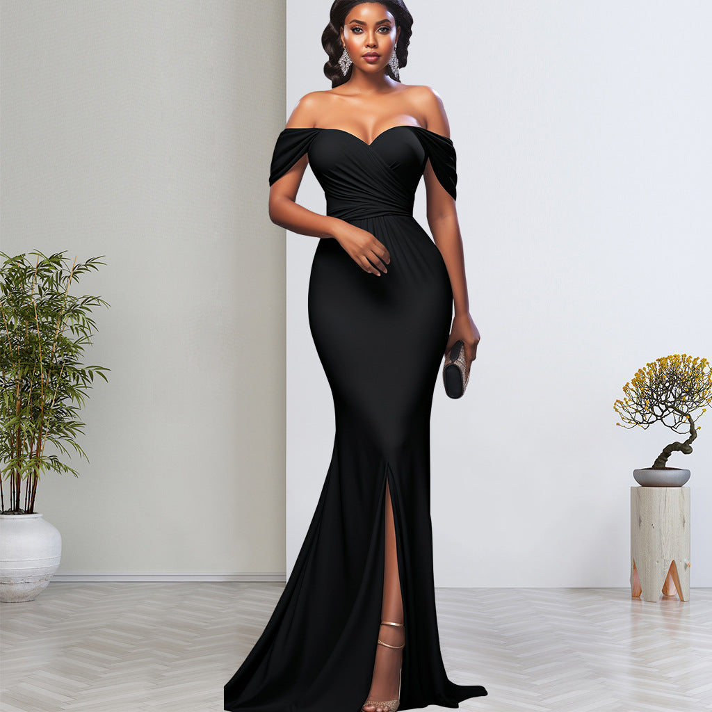 Women Sexy Solid Off-shoulder Evening Dress