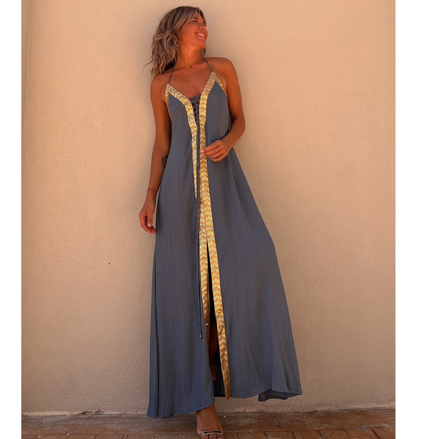 Spring Summer Lace Halter Neck Casual Loose Holidays Swing Dress 5