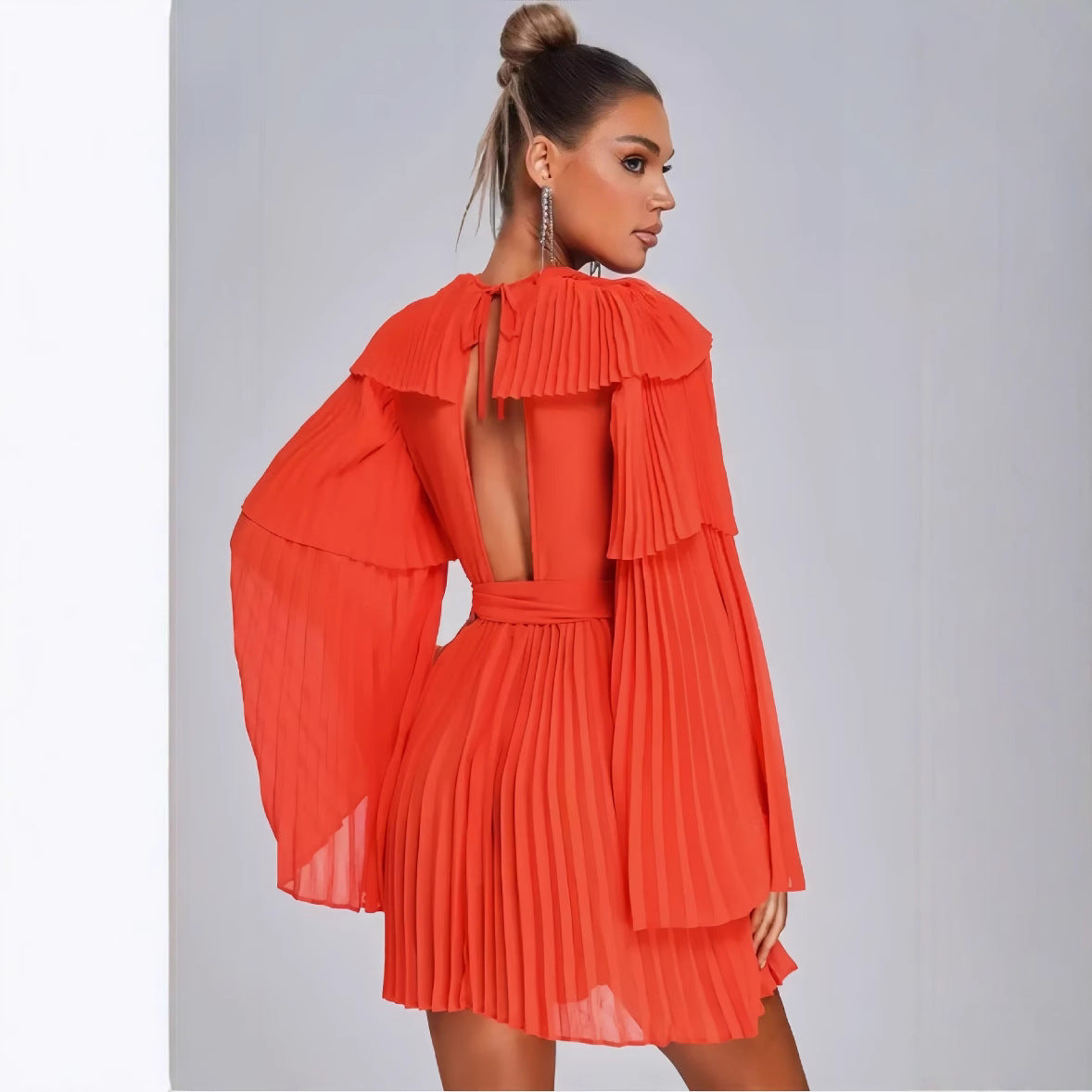 Women's Spring Solid Color Deep V-Neck Bell Sleeve Pleated Lace-Up Short Dress 5