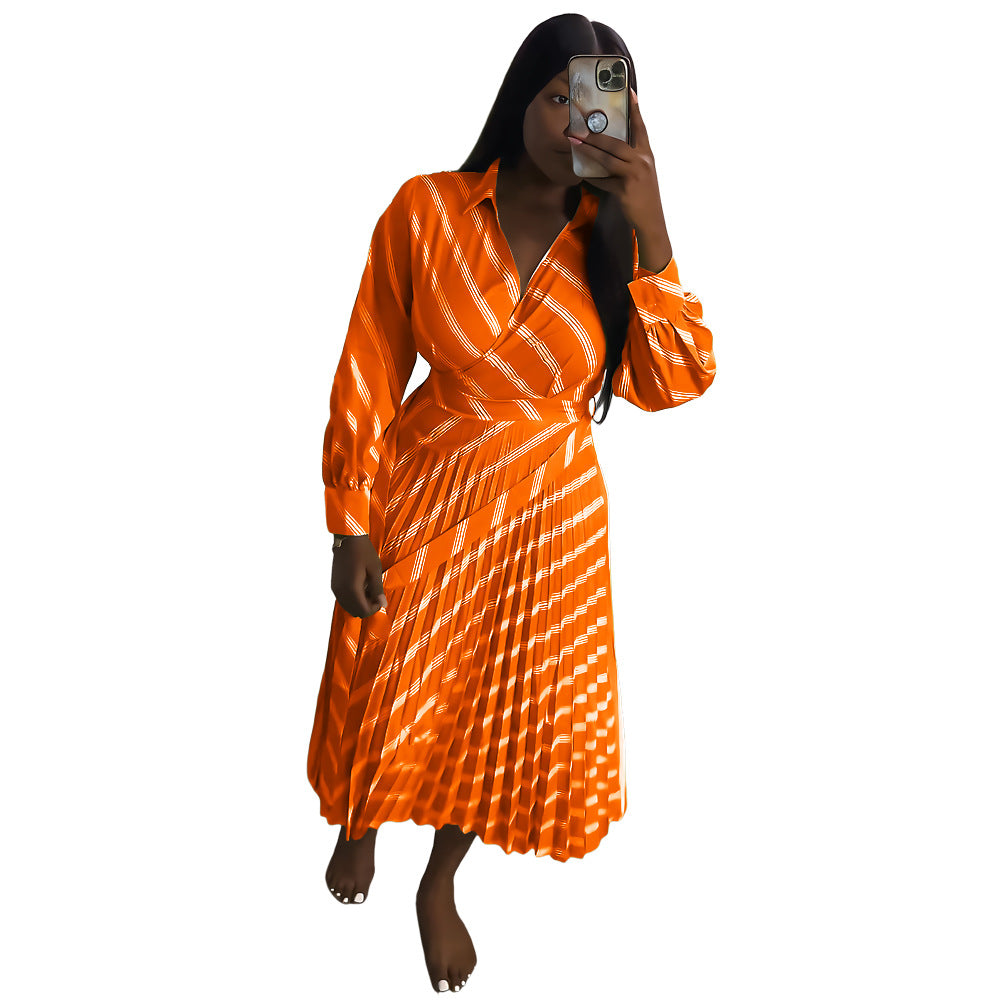 Striped Turndown Collar Casual Summer Women's  Pleated Slim Waist Long Dress 8