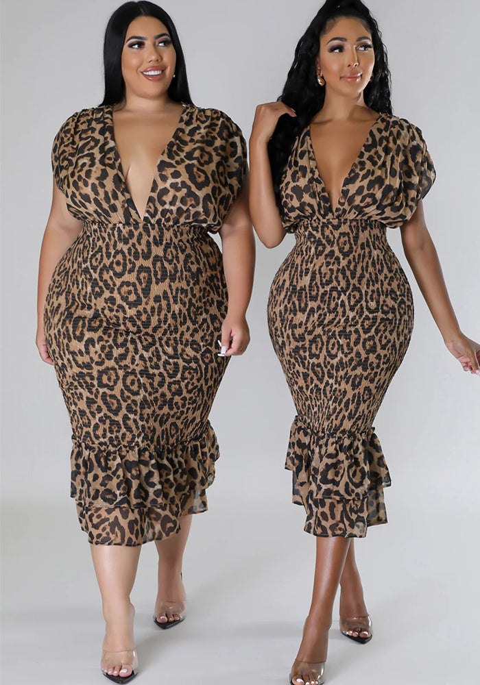 Summer v-neck Low Back Slim Fit leopard print Slim Waist sexy dress