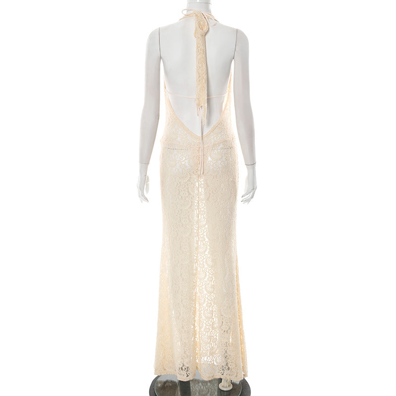 Women French lace Halter Neck V-neck hollow backless maxi dress 9