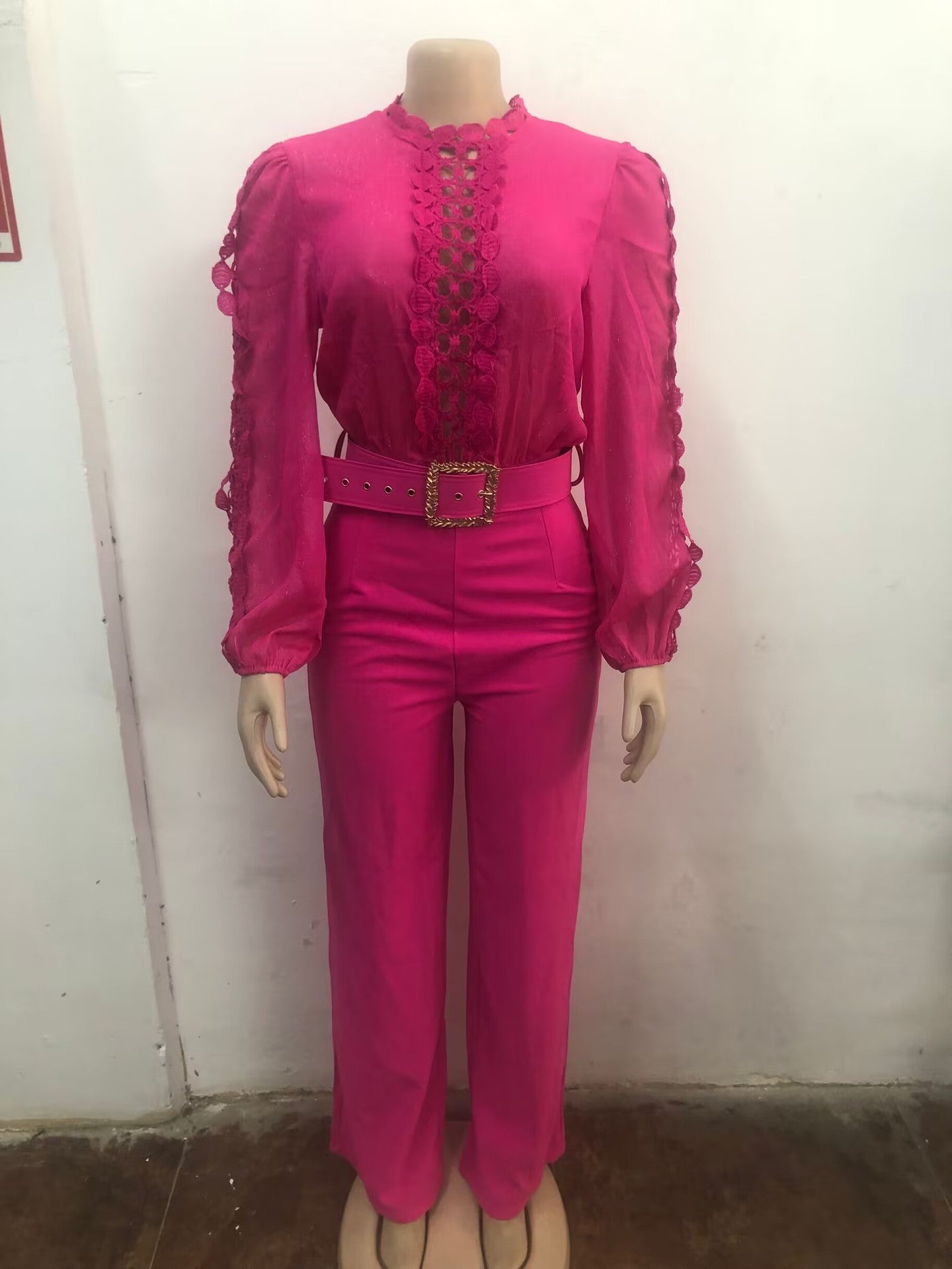 Women Elegant Lace Patchwork Lace-Up Wide-Leg Jumpsuit 9