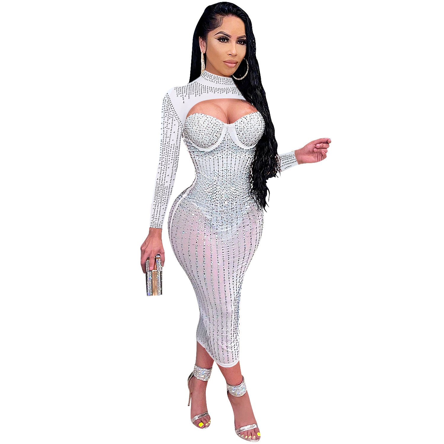 Women Mesh See-Through Beaded Strap Dress 16