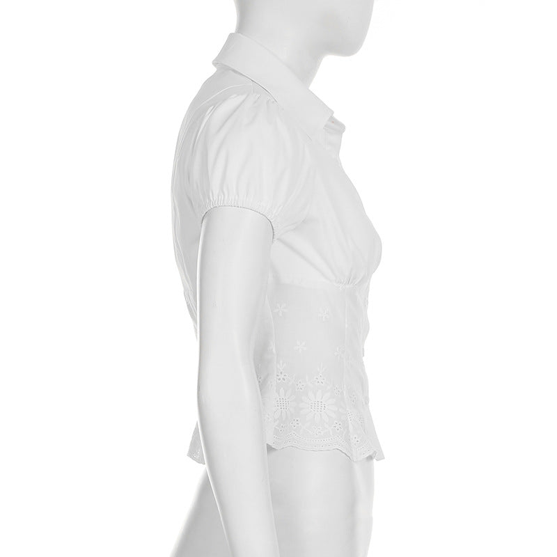 Women's Solid Color Lace Patchwork Puff Sleeve Slim Waist Single-breasted Shirt Short Top 9