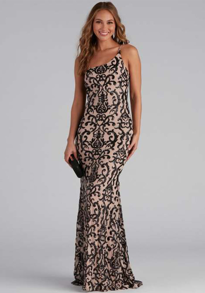 Women chic sequin sexy slash shoulder formal party evening dress