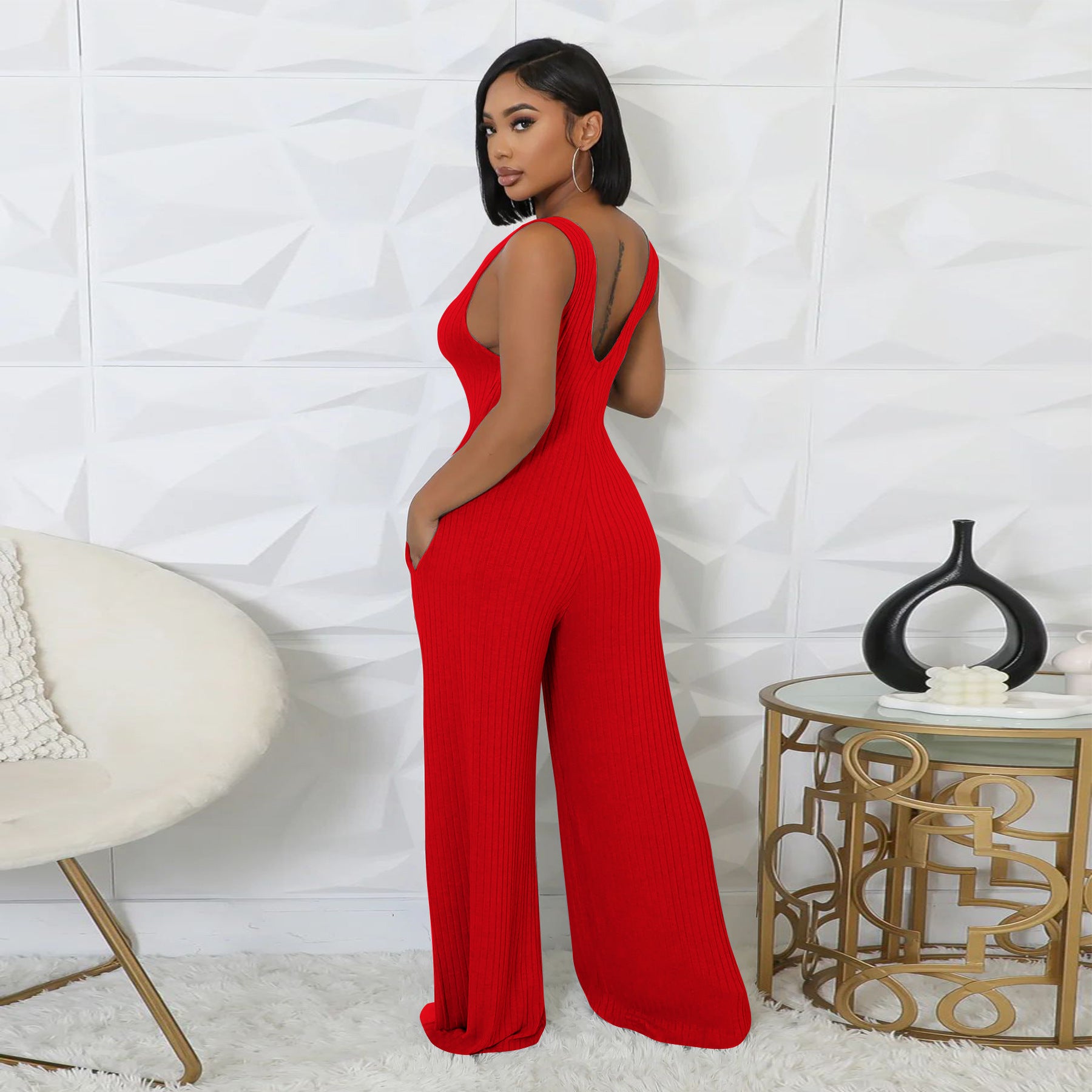 Women’s Fashion Ribbed High-Stretch Cape Top Sleeveless Jumpsuit Set 39