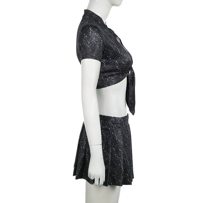 Sexy Women's Tie-Dye Print Short-Sleeved Lace-Up Crop Top Pleated A-Line Skirt Casual Two-Piece Set 9