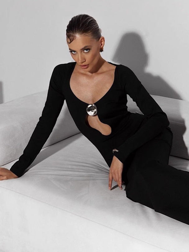 Autumn Winter Women's Clothing Mesh Patchwork V-Neck Split Long-Sleeved Slim Bodycon Dress 5