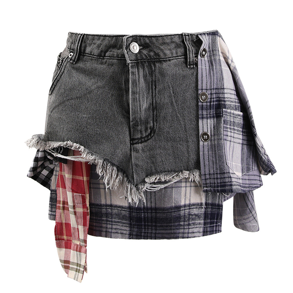 Women American summer irregular plaid patchwork denim skirt 7