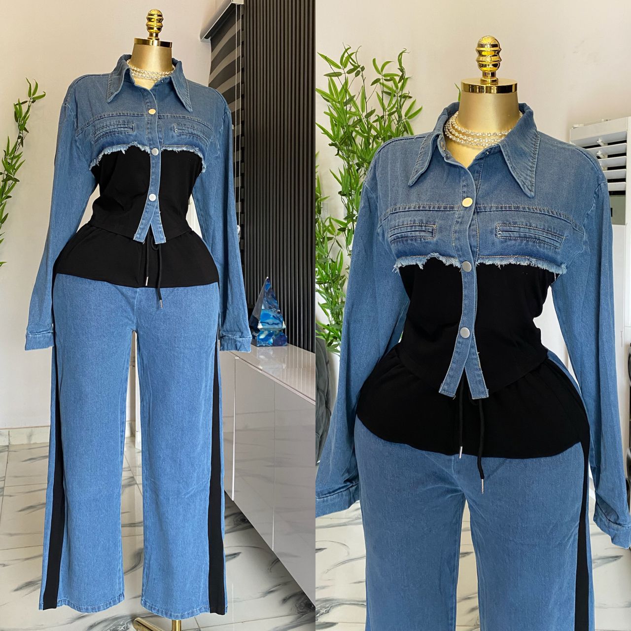 Denim Patchwork Fashion Casual Spring and Autumn Long Sleeve Top Wide Leg Long Pants Two Piece Set 8