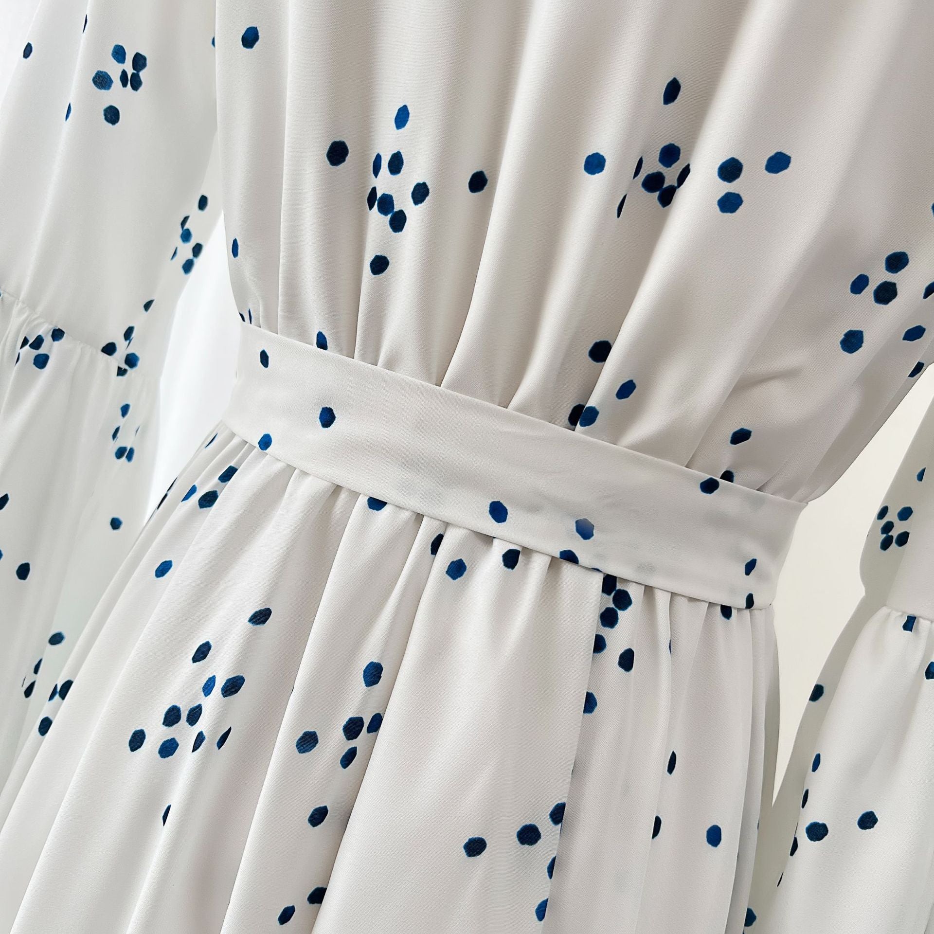 Lantern Sleeve Polka Dot Slim Waist Ruffled Long Dress 13