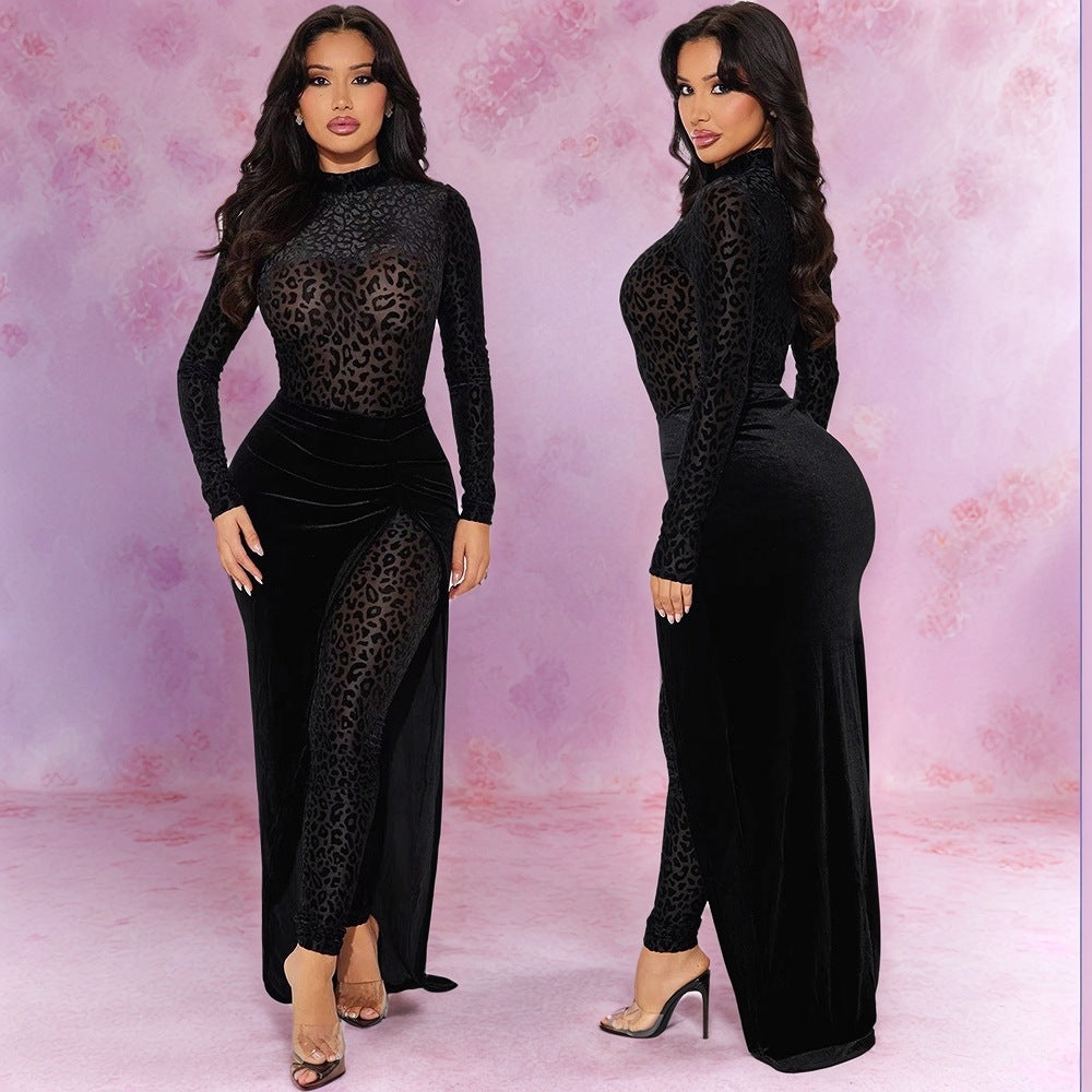 Women Leopard Print Velvet Sexy See-Through Jumpsuit and Skirt Two Piece Set 3