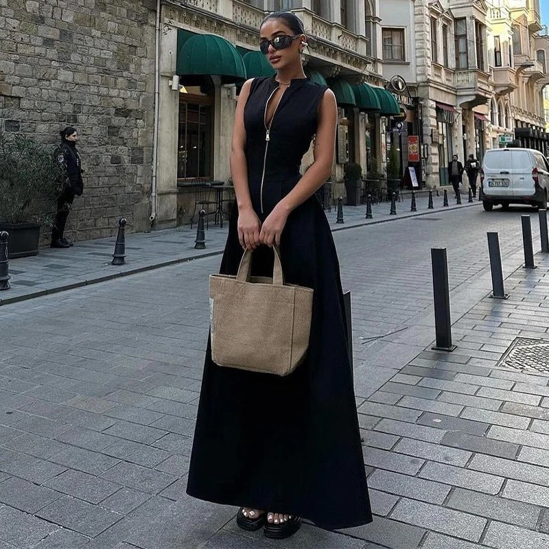 High-Waist Solid Color Sleeveless Zip-Up Dress Elegant Career-Chic Gown 4