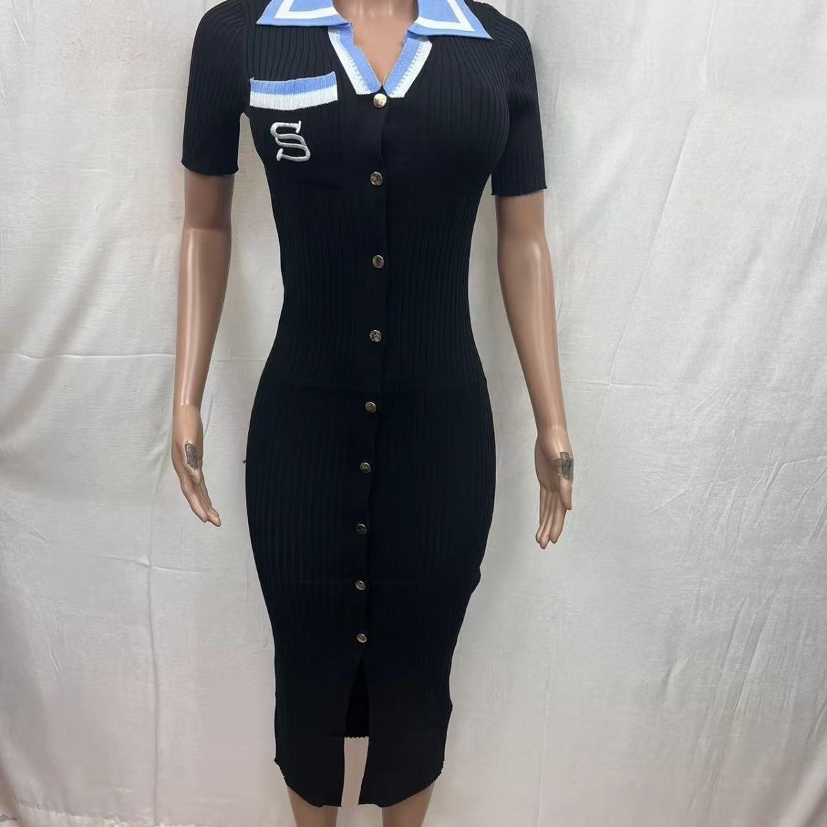 Women Fall/Winter French Contrast Color Embroidered Polo Neck Long-Sleeved Knitted Dress 3