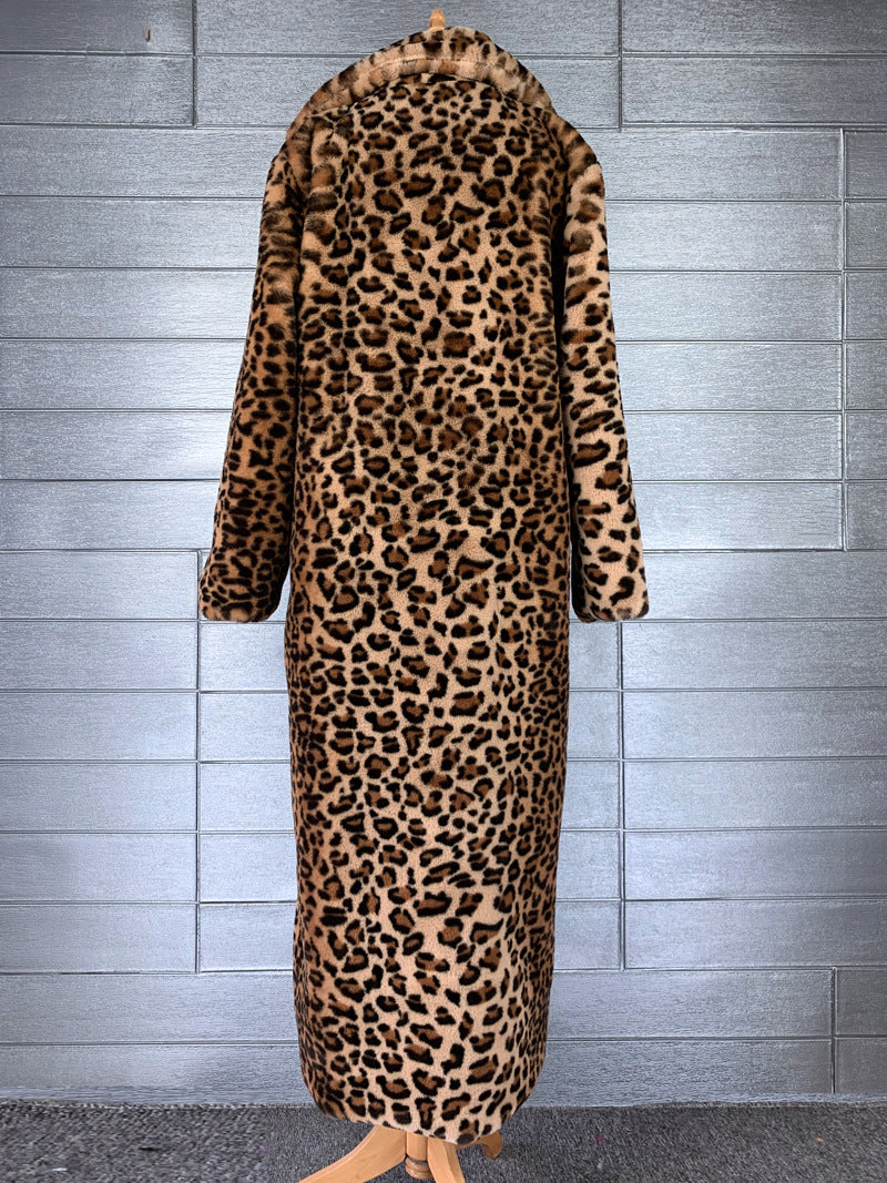 Women Leopard Turndown Collar Furry Long Coat 14