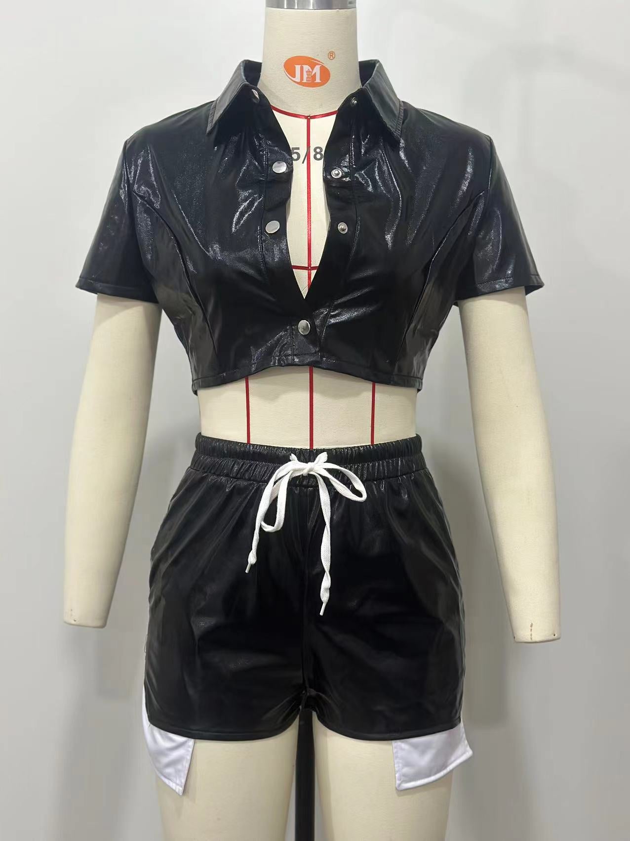 Women's Deep Pocket Slit Pu Leather Short Front Short Back Long Shorts Two-Piece Set 25