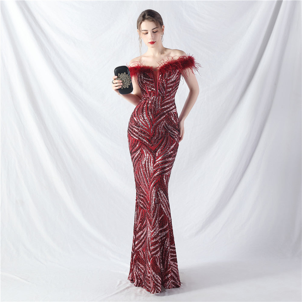 Fishbone Slim Waist Off Shoulder Feather Sequined Evening Dress 7