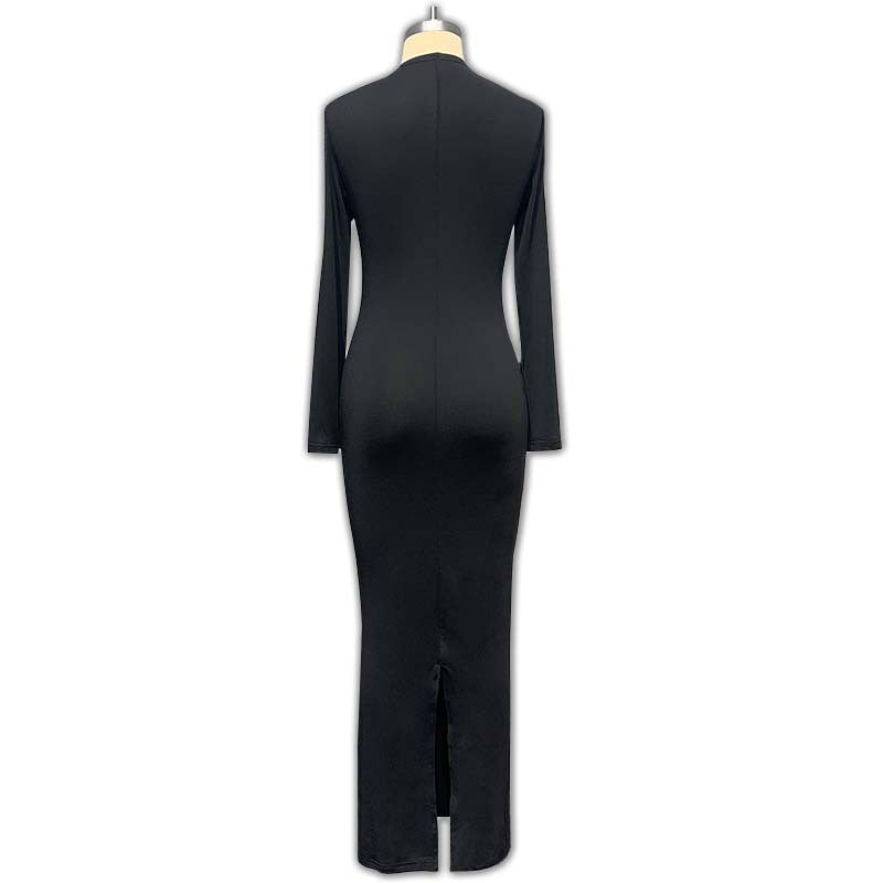 Autumn Women Half Turtle Neck Ribbed Long Sleeve Slim Fit Slim Waist Long Dress 15