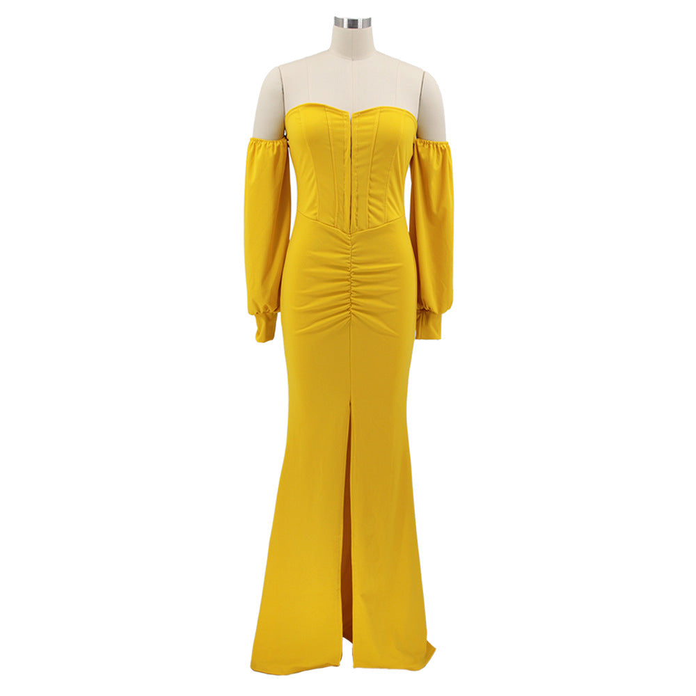 Women Solid Corset Sexy Long Sleeve Slit Party Dress 23