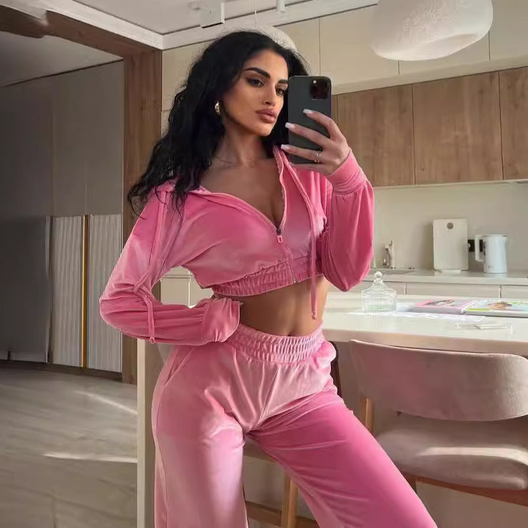 Women Long Sleeve Zipper Casual Hoodies and Long PantsTwo Piece Set