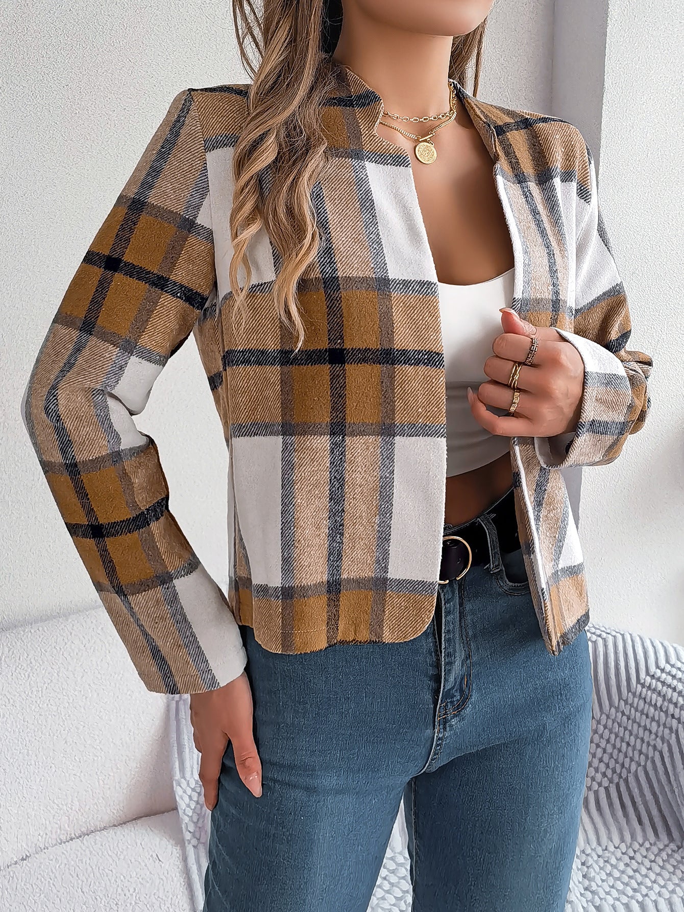Autumn Winter Casual Plaid Long Sleeve Women Tweed Coat 17