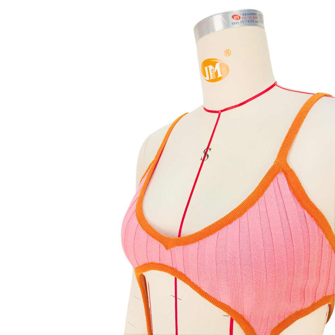 Women'S Solid Color Hollow Knitting Contrasting Color Straps Dress 13