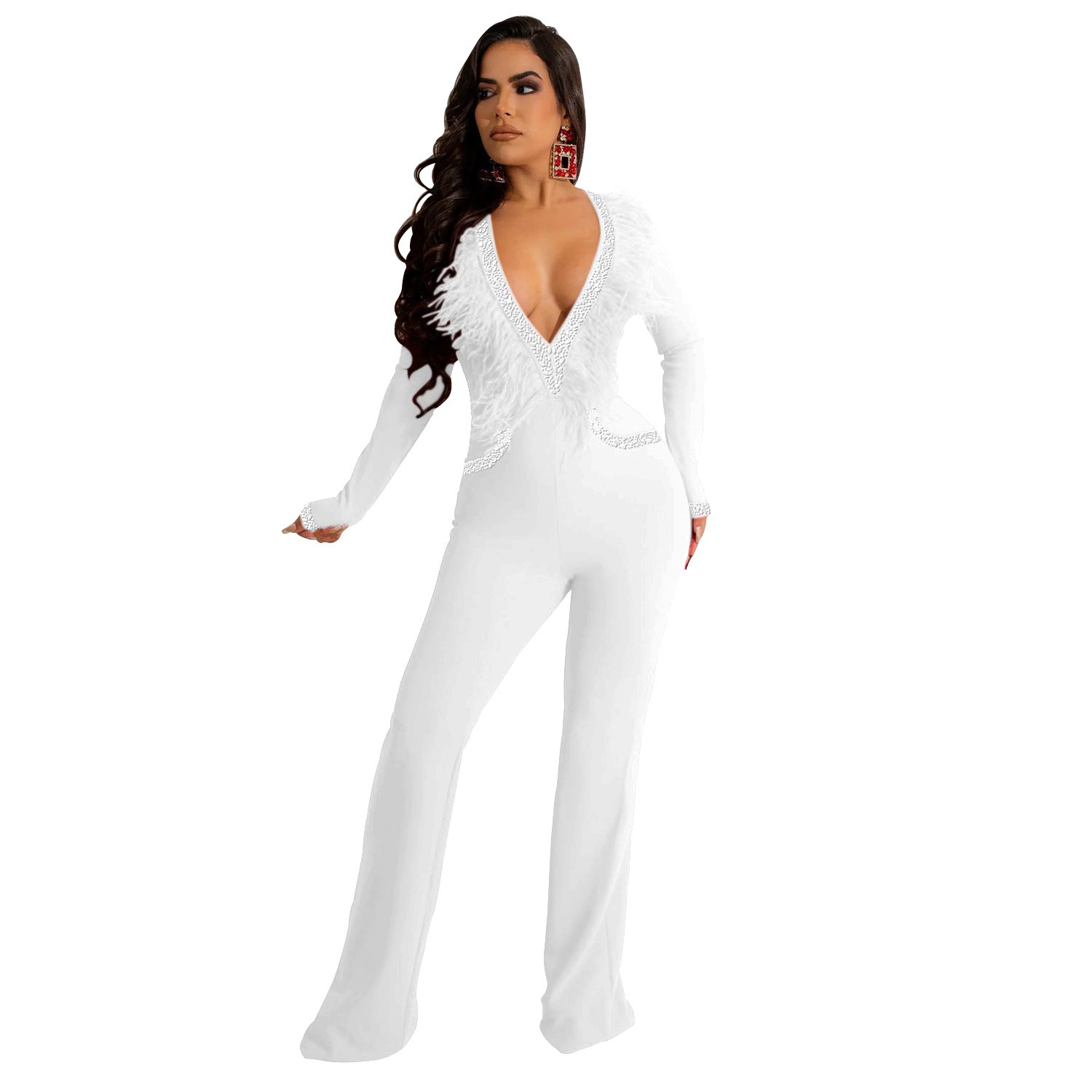 Women'S Fashion Feather Patchwork Beaded V-Neck Long Sleeve One Peice Trousers Sexy Ladies Jumpsuit 12