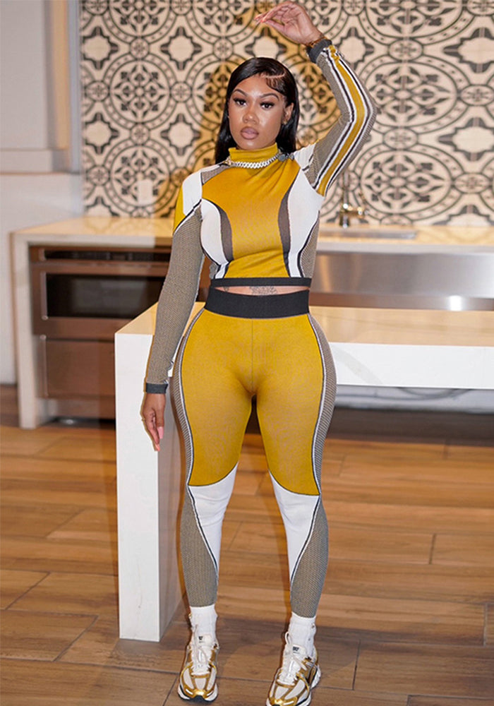 Women's Autumn Fashion Sports Casual Slim Color Contrast Two Piece Pants Set