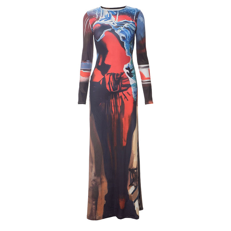 Women Autumn and Winter Street Sexy Bodycon Printed Maxi Dress 8