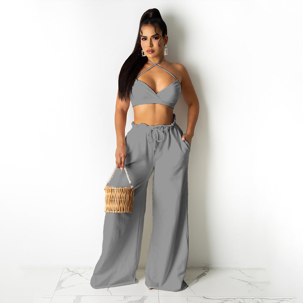 Women Bow Suspender Top and Pant French Summer Two-piece Set 3
