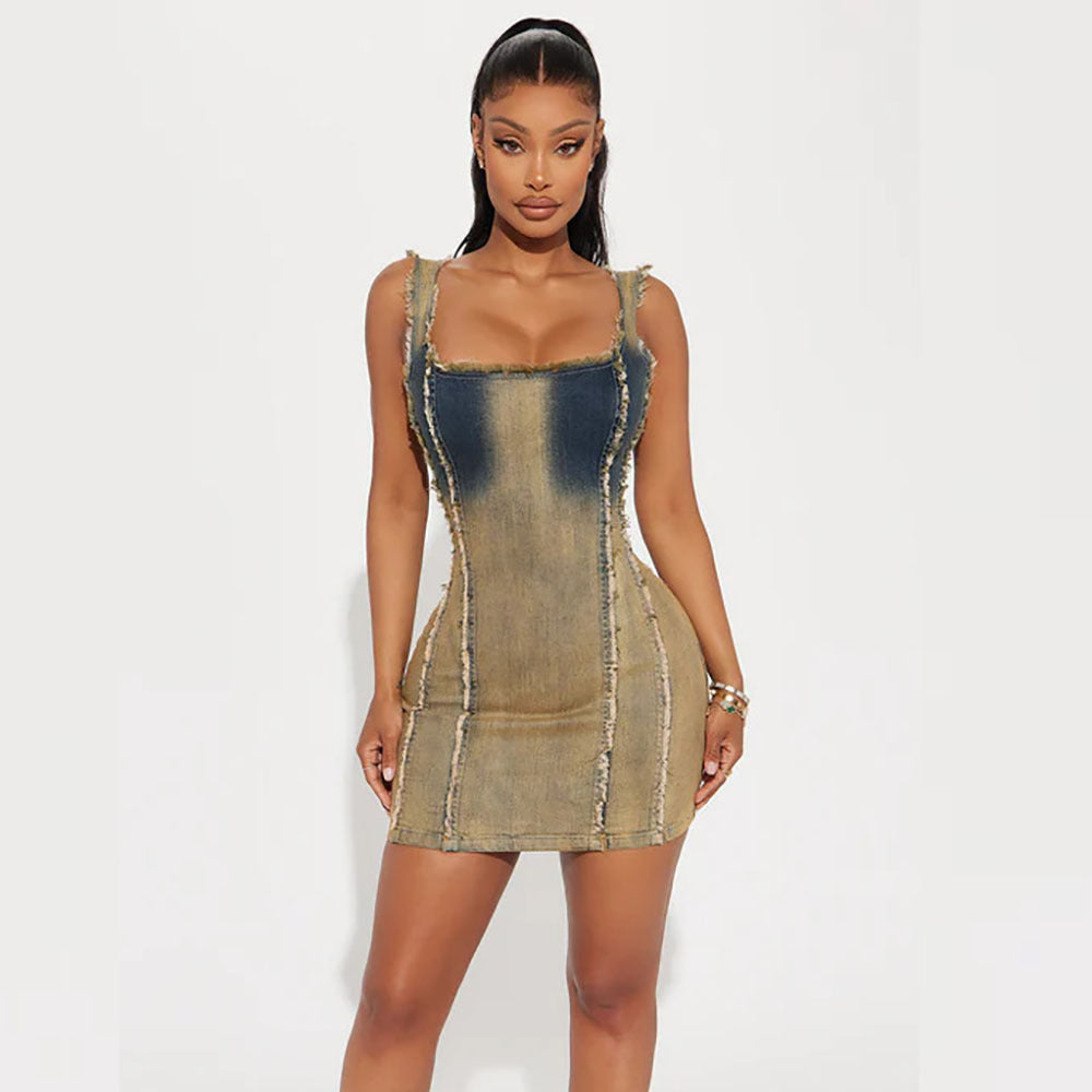 Women washed retro gradient color suspenders denim dress 5