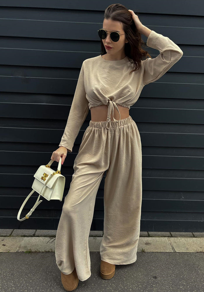 Women Solid Lace Up Long Sleeve Crop Top Wide Leg Pants Two Piece Set