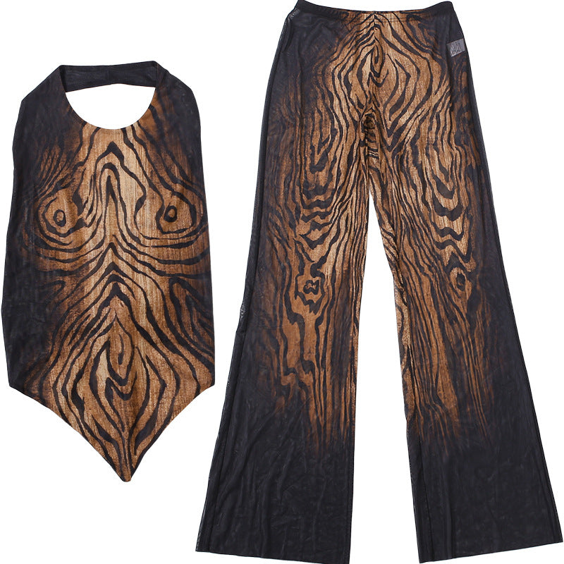 Autumn Women's Graffiti Print Sleeveless Halter Tank Top Tight Fitting Pants Set 6