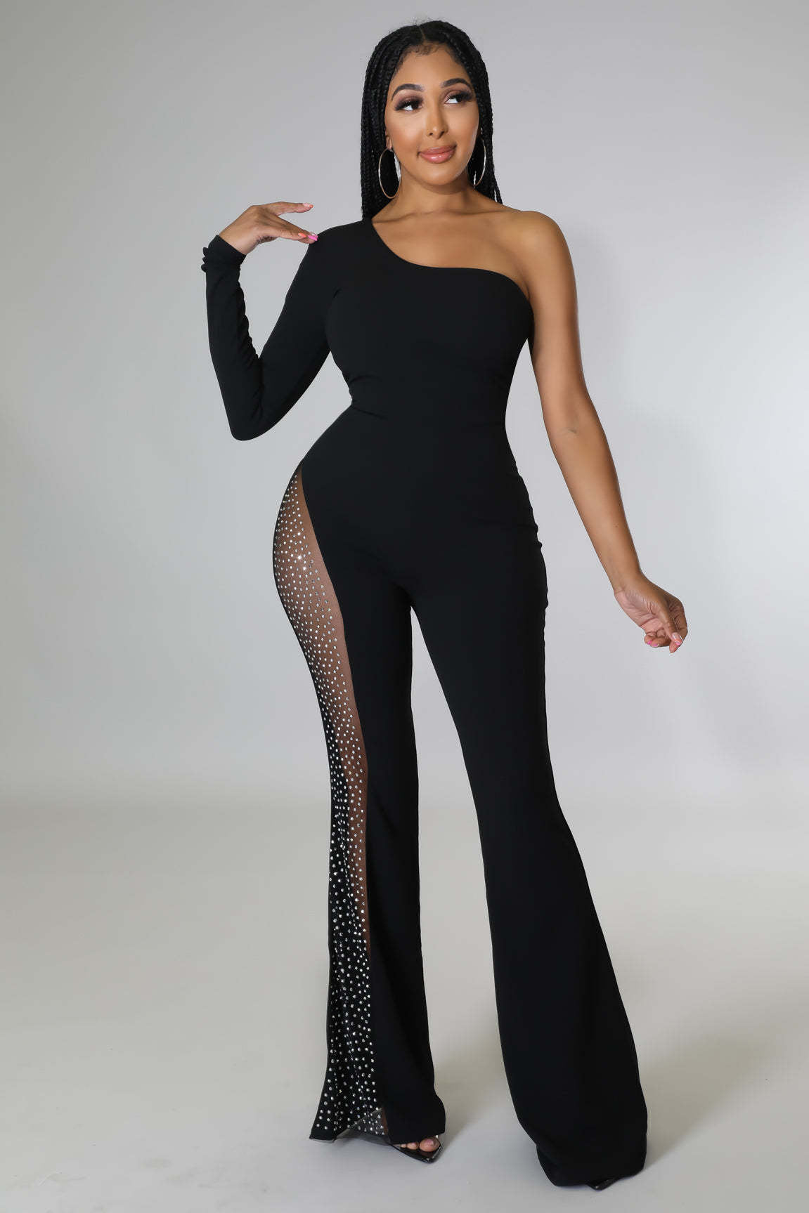 Women's Fashion One-Shoulder Long-Sleeved Mesh Patchwork One-Piece Flared Leg Jumpsuit 3